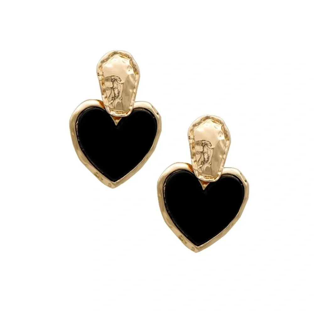 Gold black retro heart earrings - Picture 4 of 6